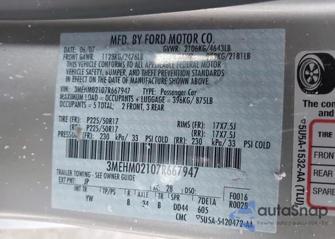 2007 Mercury Milan V6 Premier from USA, damaged, VIN 3MEHM02107R667947